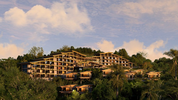 Recreación del resort Maravé Manuel Antonio, LXR Hotels & Resorts: edificio escalonado de madera y cristal integrado en una ladera de selva sobre el Pacífico de Costa Rica, con villas independientes entre la vegetación
