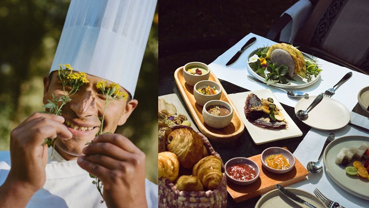 Chef de MUJU oliendo hierbas y flores comestibles en el Valle Sagrado, junto a una mesa servida con panes, platos y salsas del restaurante de Rio Sagrado, a Belmond Hotel