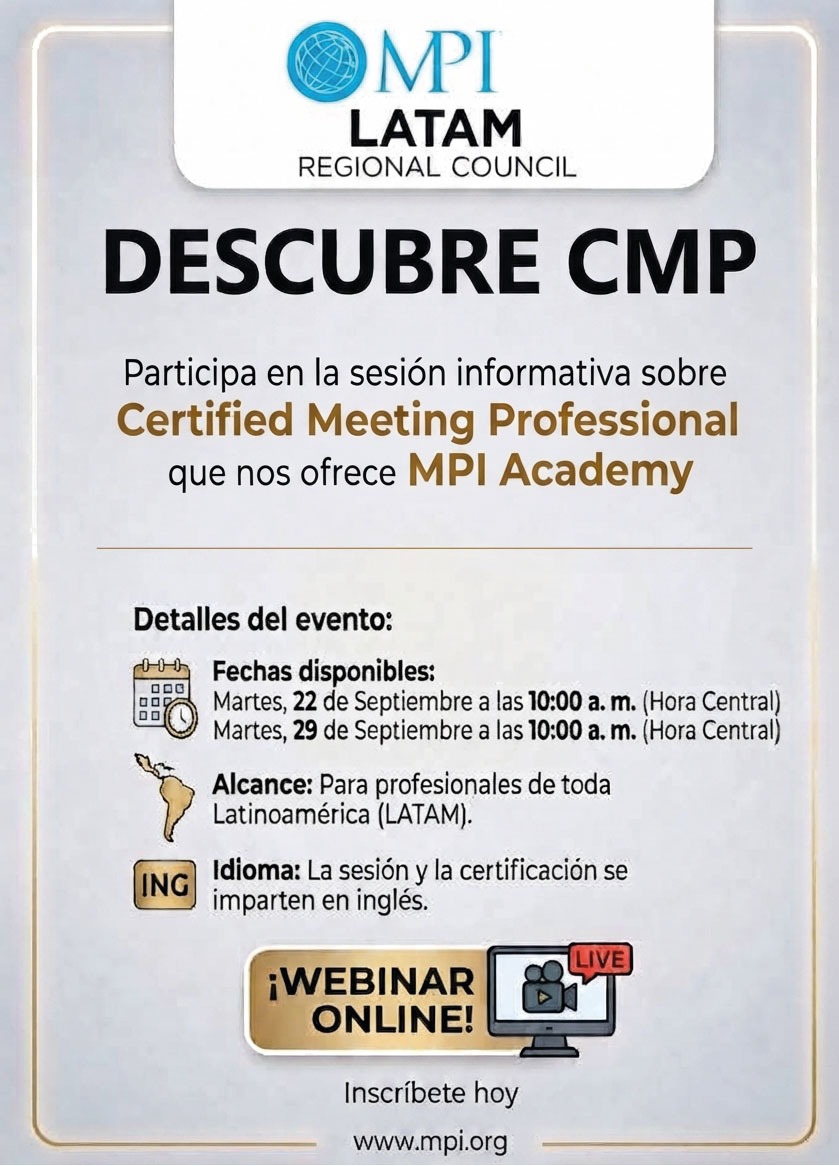 Flyer de MPI LATAM con las fechas del webinar informativo sobre la certificación CMP: 22 y 29 de septiembre a las 10:00 hora Central