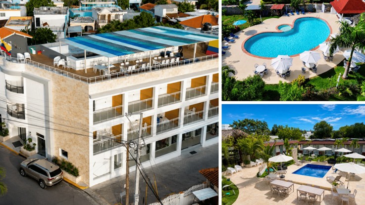 Collage de tres vistas aéreas de un hotel: fachada con terraza en la azotea y dos imágenes de una piscina rodeada de jardines y sombrillas.