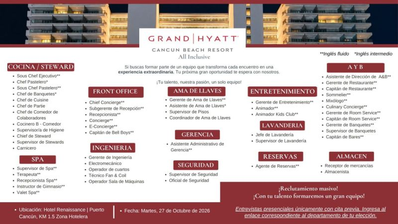 Cartel de reclutamiento masivo del Grand Hyatt Cancun Beach Resort con las vacantes de supervision y jefatura agrupadas por area