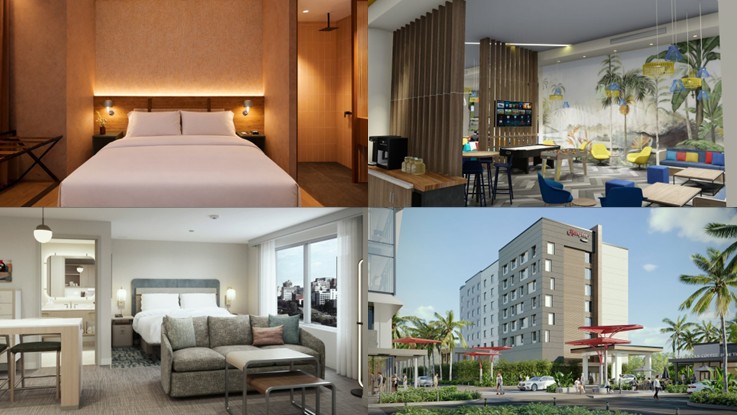 Collage de cuatro imágenes con una habitación de hotel, una zona común con mesa de juegos, una habitación con sofá y la fachada de un hotel con palmeras