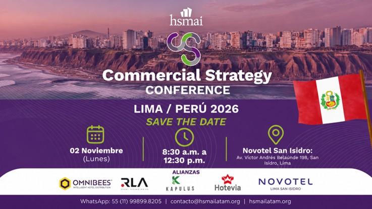 Pieza gráfica del HSMAI Commercial Strategy Conference Perú 2026 con la fecha, el horario y la sede del encuentro sobre una vista de la costa de Lima