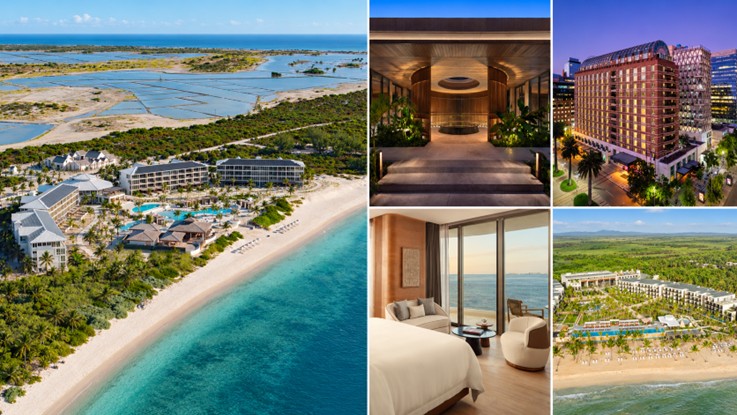 Collage de cinco imágenes de hoteles y resorts: vista aérea de un resort frente a una playa, un vestíbulo, un hotel urbano, una habitación con vistas al mar y un resort tropical