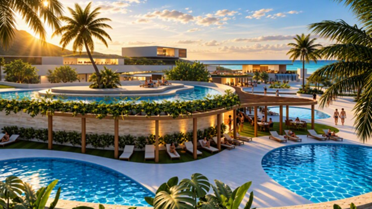 Recreación de un resort frente al mar con piscinas, tumbonas, pérgolas y palmeras al atardecer