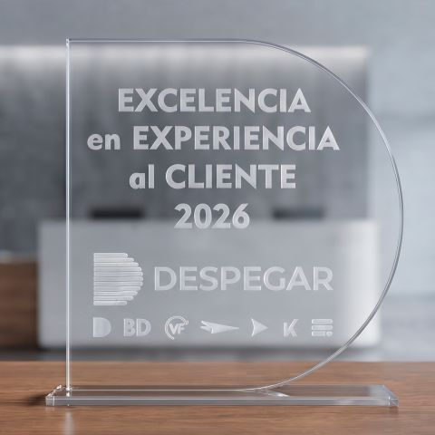 Trofeo de cristal grabado con el texto Excelencia en Experiencia al Cliente 2026 y el logotipo de Despegar